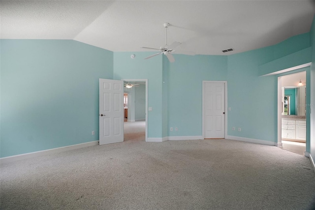 1512 Cervantes Pl, The Villages, FL 32159 - unfurnished bedroom featuring light colored carpet, ceiling fan, and high vaulted ceiling