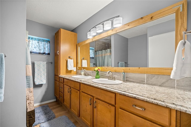 17970 SE 102nd Ct, Summerfield, FL 34491 - bathroom featuring double vanity, wood finished floors, and a shower with shower curtain