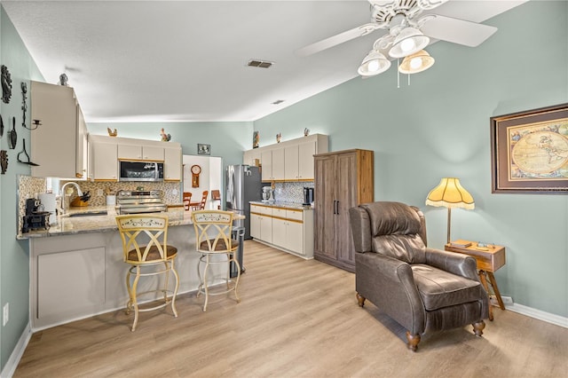 17970 SE 102nd Ct, Summerfield, FL 34491 - kitchen featuring stainless steel appliances, a peninsula, tasteful backsplash, a ceiling fan, and vaulted ceiling