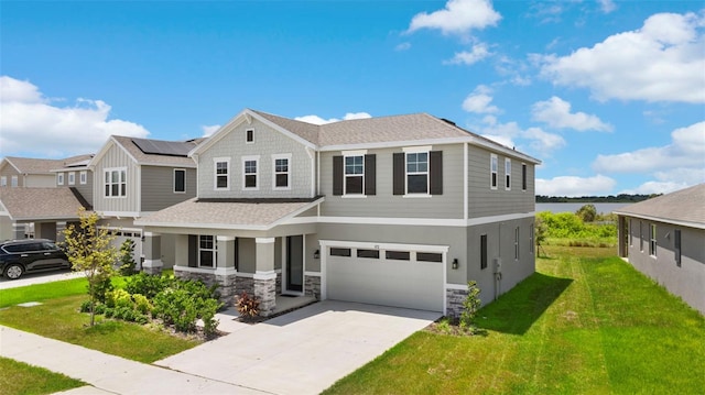 872 Griffon Ave, Lake Alfred, FL 33850 - view of front of property with an attached garage, a front lawn, driveway, stone siding, and a shingled roof
