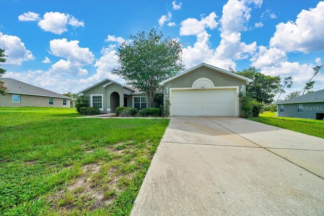 10331 SW 45th Ave, Ocala, FL 34476 - ranch-style home with concrete driveway, a front yard, a garage, and stucco siding