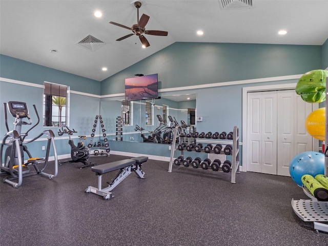 3467 Buoy Cir, Winter Garden, FL 34787 - workout area with ceiling fan, high vaulted ceiling, and recessed lighting