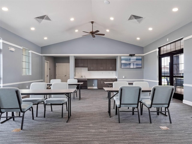 3467 Buoy Cir, Winter Garden, FL 34787 - dining room featuring ceiling fan, dark colored carpet, recessed lighting, and high vaulted ceiling