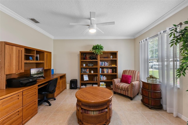 1702 Hoofprint Ct, Fruitland Park, FL 34731 - office area with a ceiling fan, a textured ceiling, light tile patterned floors, and ornamental molding