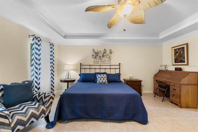 1702 Hoofprint Ct, Fruitland Park, FL 34731 - tiled bedroom with a tray ceiling, crown molding, and ceiling fan