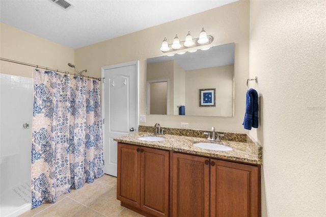 1702 Hoofprint Ct, Fruitland Park, FL 34731 - full bathroom featuring a shower with shower curtain, tile patterned flooring, and double vanity