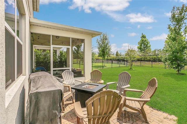 2755 Bobcat Chase Blvd, Oakland, FL 34787 - fenced backyard with a fire pit, a sunroom, and a patio