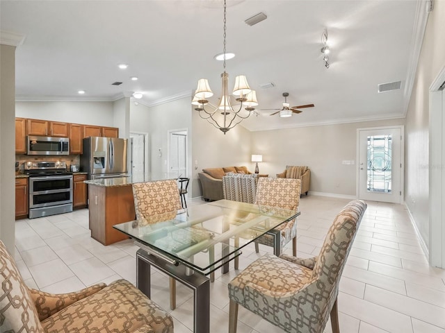 2620 Persimmon Loop, The Villages, FL 32162 - dining room featuring ornamental molding, a chandelier, a ceiling fan, light tile patterned floors, and wine cooler