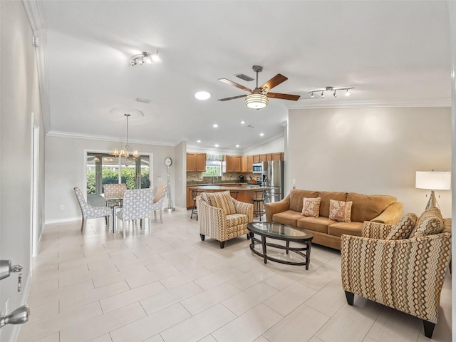 2620 Persimmon Loop, The Villages, FL 32162 - living room with ceiling fan, a chandelier, ornamental molding, lofted ceiling, and recessed lighting