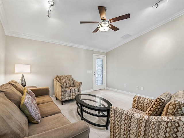 2620 Persimmon Loop, The Villages, FL 32162 - living area featuring track lighting, light tile patterned floors, ceiling fan, and ornamental molding