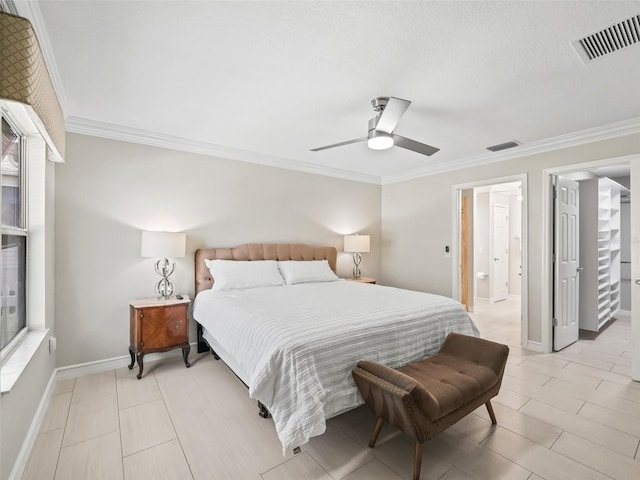 2620 Persimmon Loop, The Villages, FL 32162 - bedroom with ornamental molding, ceiling fan, multiple windows, and light tile patterned floors