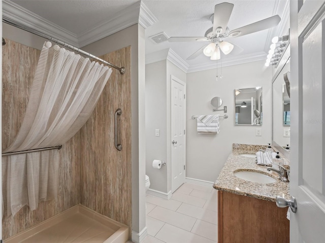 2620 Persimmon Loop, The Villages, FL 32162 - full bathroom with curtained shower, tile patterned flooring, ceiling fan, double vanity, and ornamental molding