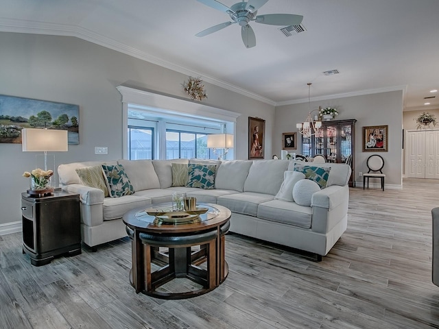 6295 Danielson Loop, The Villages, FL 32163 - living room with ceiling fan, crown molding, light wood-type flooring, a chandelier, and recessed lighting