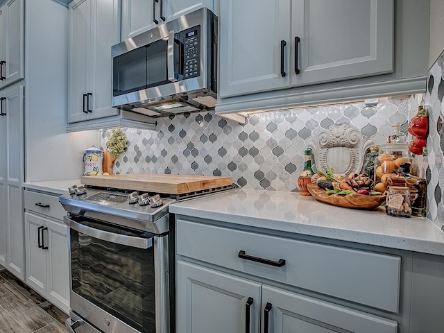 6295 Danielson Loop, The Villages, FL 32163 - kitchen featuring appliances with stainless steel finishes, decorative backsplash, light stone counters, and wood finished floors
