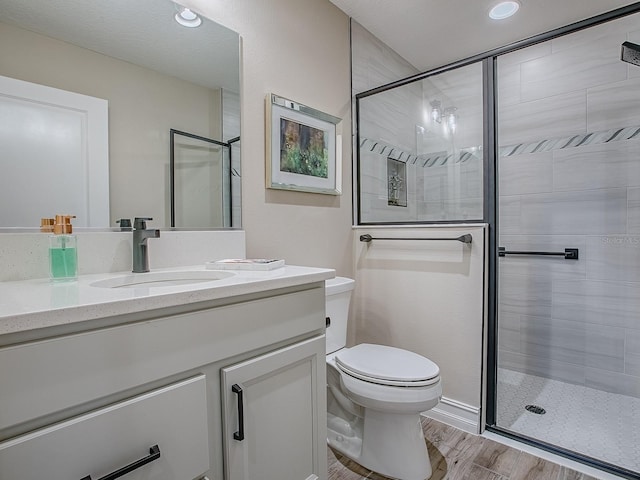 6295 Danielson Loop, The Villages, FL 32163 - bathroom with vanity, a shower stall, wood finished floors, and recessed lighting