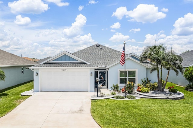 5778 Henry Loop, The Villages, FL 32163 - view of front facade with a garage, driveway, a front yard, and stucco siding