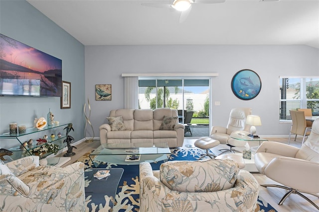 5778 Henry Loop, The Villages, FL 32163 - living room featuring wood finished floors, a ceiling fan, and lofted ceiling