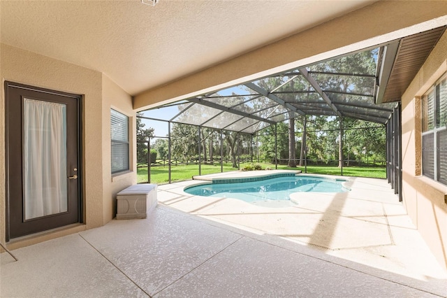 21312 Marsh View Ct, Clermont, FL 34715 - outdoor pool featuring a patio, a lawn, and glass enclosure