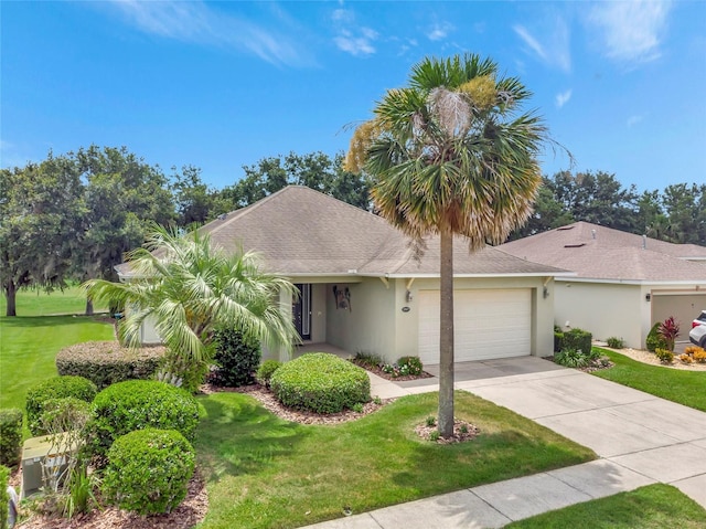 3507 Arlington Ridge Blvd, Leesburg, FL 34748 - ranch-style home with a garage, a front lawn, driveway, stucco siding, and roof with shingles