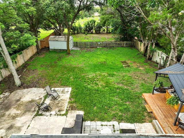 1610 Williams Ave, Eustis, FL 32726 - fenced backyard featuring a storage unit, a deck, and a patio