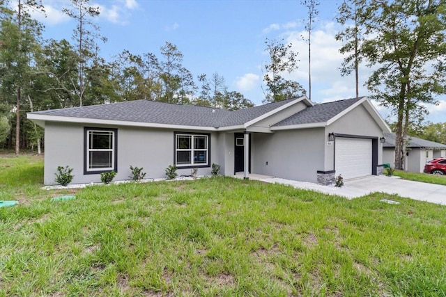 8641 N Stern Way, Citrus Springs, FL 34434 - ranch-style home featuring a garage, stucco siding, concrete driveway, a front yard, and a shingled roof