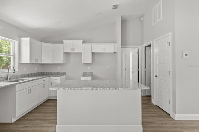 8641 N Stern Way, Citrus Springs, FL 34434 - kitchen with vaulted ceiling, white cabinetry, wood finished floors, and light stone countertops