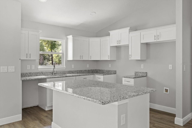 8641 N Stern Way, Citrus Springs, FL 34434 - kitchen with dark wood finished floors, light stone countertops, a kitchen island, white cabinetry, and lofted ceiling