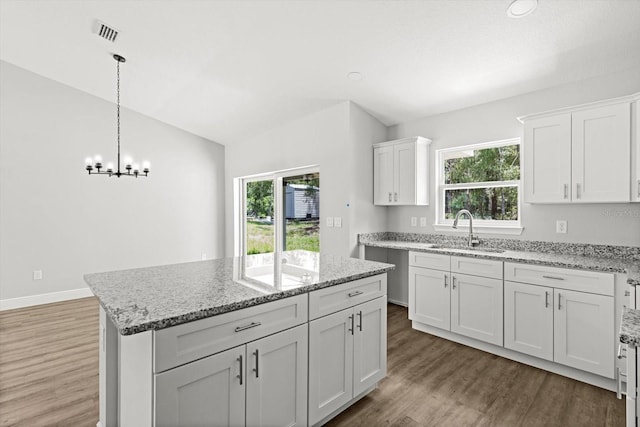 8641 N Stern Way, Citrus Springs, FL 34434 - kitchen featuring wood finished floors, plenty of natural light, white cabinetry, a chandelier, and vaulted ceiling