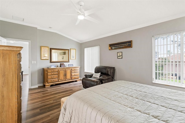 5971 Brittania Blvd, Tavares, FL 32778 - bedroom with dark wood-style flooring, crown molding, lofted ceiling, and ceiling fan