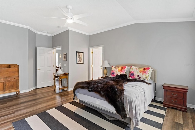 5971 Brittania Blvd, Tavares, FL 32778 - bedroom with wood finished floors, crown molding, a ceiling fan, and vaulted ceiling