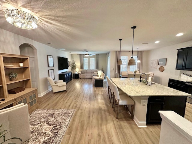 384 Summer Squall Rd, Davenport, FL 33837 - kitchen featuring open floor plan, a kitchen breakfast bar, dark cabinetry, arched walkways, and light wood finished floors