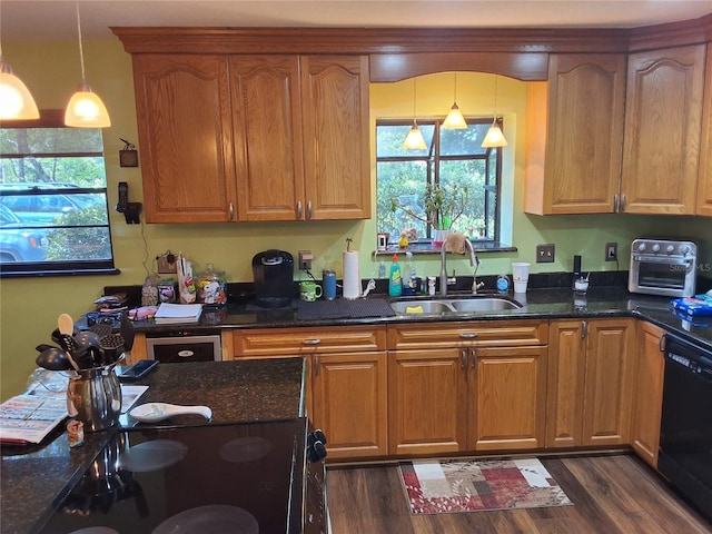 29205 Old Ml E, Tavares, FL 32778 - kitchen featuring dishwasher, dark wood-style floors, pendant lighting, and dark stone counters