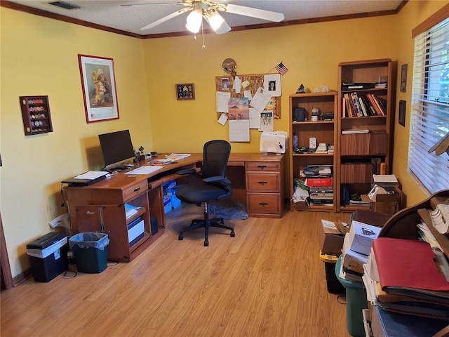 29205 Old Ml E, Tavares, FL 32778 - home office featuring a ceiling fan, light wood-style floors, and crown molding