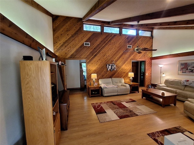 29205 Old Ml E, Tavares, FL 32778 - living area featuring high vaulted ceiling, wooden walls, beam ceiling, ceiling fan, and light wood-type flooring