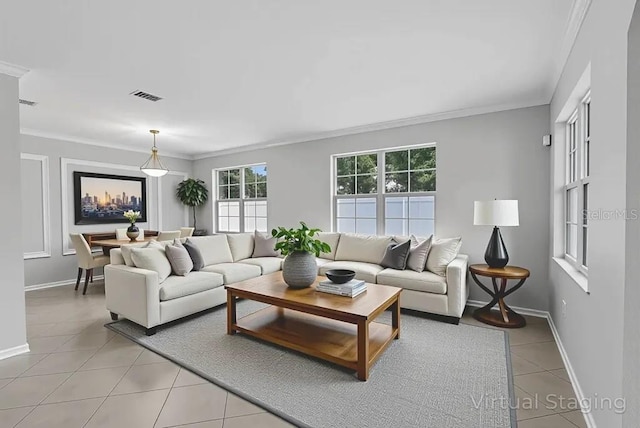 15604 Starlite St, Clermont, FL 34714 - living room with light tile patterned floors and ornamental molding