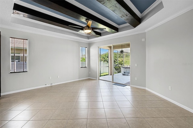 15604 Starlite St, Clermont, FL 34714 - unfurnished room featuring a ceiling fan, a raised ceiling, ornamental molding, tile patterned flooring, and beamed ceiling