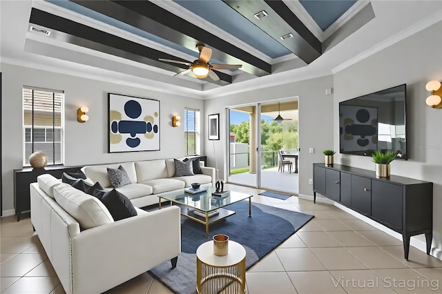 15604 Starlite St, Clermont, FL 34714 - living area featuring a tray ceiling, light tile patterned floors, crown molding, and ceiling fan