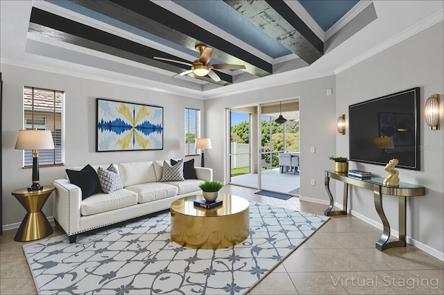15604 Starlite St, Clermont, FL 34714 - tiled living room featuring a raised ceiling, a ceiling fan, ornamental molding, and beamed ceiling