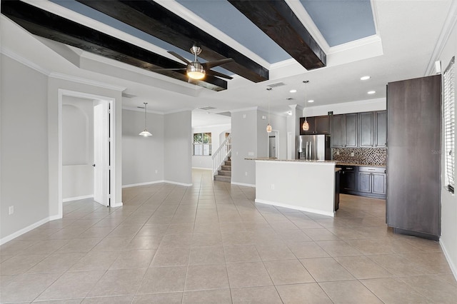 15604 Starlite St, Clermont, FL 34714 - unfurnished living room with ornamental molding, light tile patterned floors, a ceiling fan, beamed ceiling, and recessed lighting
