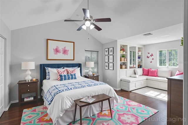 15604 Starlite St, Clermont, FL 34714 - bedroom featuring dark wood finished floors, lofted ceiling, and a ceiling fan