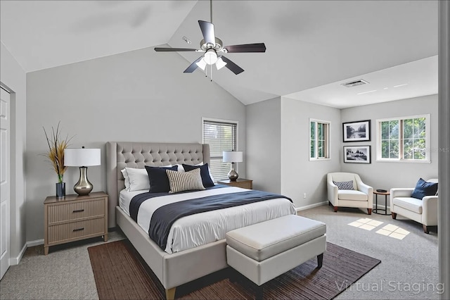 15604 Starlite St, Clermont, FL 34714 - bedroom featuring carpet floors, vaulted ceiling, multiple windows, and ceiling fan