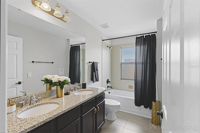 15604 Starlite St, Clermont, FL 34714 - full bathroom featuring double vanity, shower / tub combo with curtain, and tile patterned floors