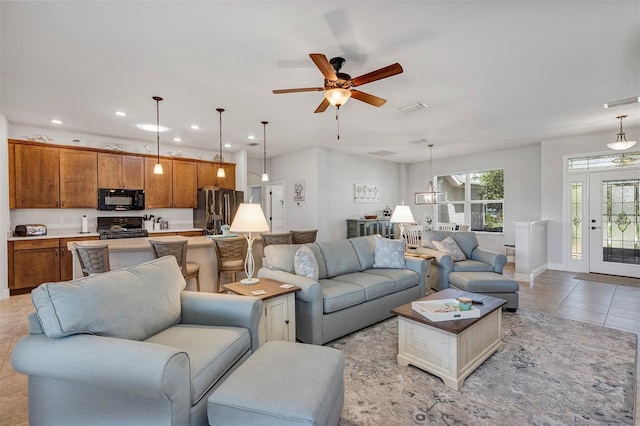 3681 Arlington Ridge Blvd, Leesburg, FL 34748 - living room featuring recessed lighting, a ceiling fan, and light tile patterned flooring