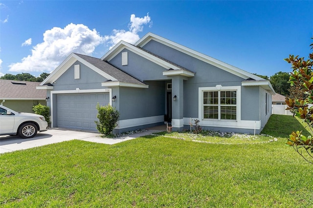 7732 Sloewood Dr, Leesburg, FL 34748 - ranch-style house featuring an attached garage, a front yard, driveway, stucco siding, and roof with shingles