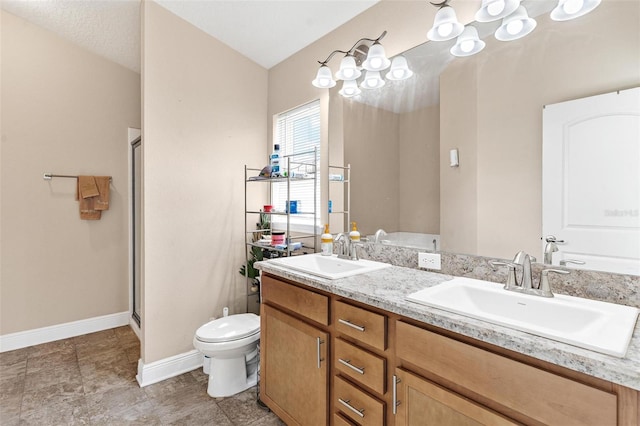 7732 Sloewood Dr, Leesburg, FL 34748 - bathroom with double vanity, a shower stall, and a chandelier