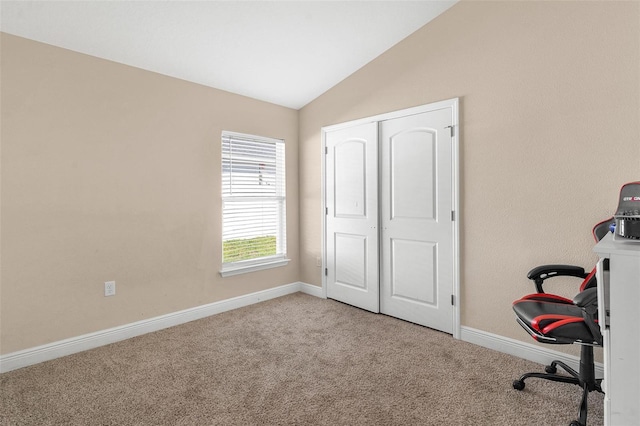 7732 Sloewood Dr, Leesburg, FL 34748 - carpeted office space featuring lofted ceiling and baseboards