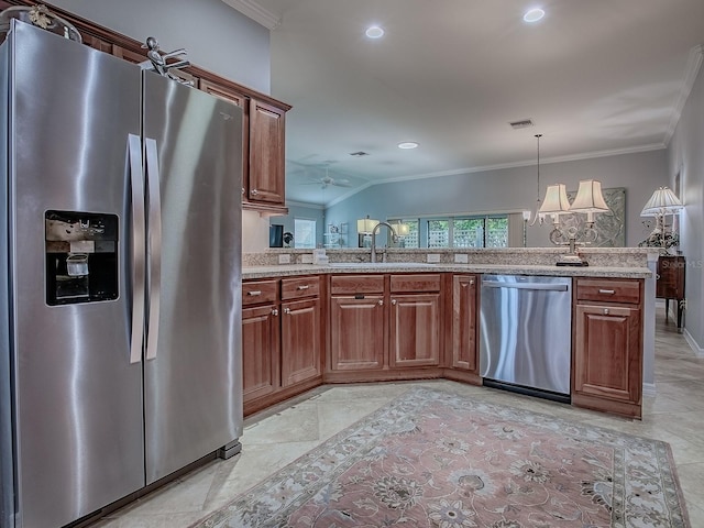 1982 Eldridge Loop, The Villages, FL 32162 - kitchen featuring appliances with stainless steel finishes, ornamental molding, light countertops, recessed lighting, and a ceiling fan