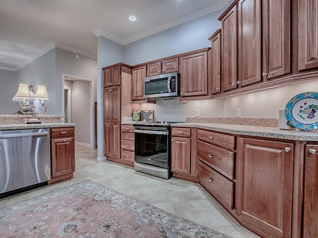 1982 Eldridge Loop, The Villages, FL 32162 - kitchen featuring appliances with stainless steel finishes, light countertops, ornamental molding, and brown cabinets