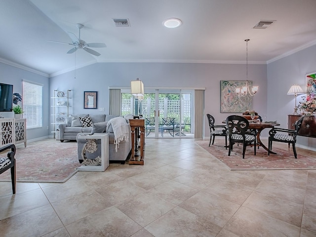 1982 Eldridge Loop, The Villages, FL 32162 - living room featuring a ceiling fan, light tile patterned floors, ornamental molding, a chandelier, and vaulted ceiling