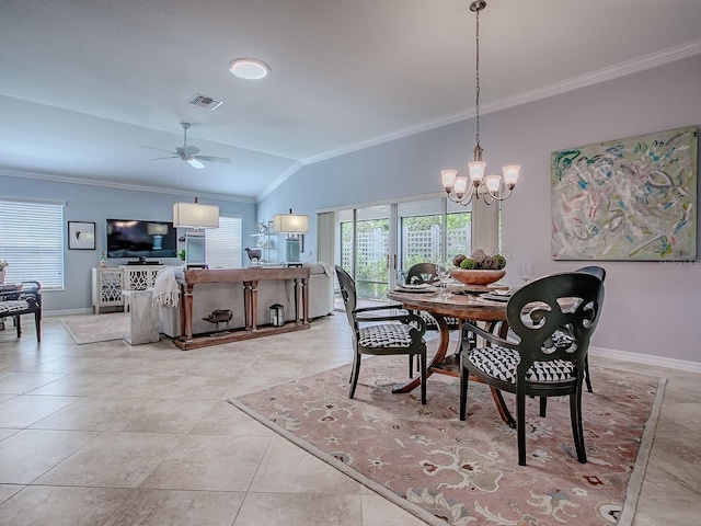 1982 Eldridge Loop, The Villages, FL 32162 - dining area featuring ornamental molding, a chandelier, ceiling fan, lofted ceiling, and light tile patterned flooring